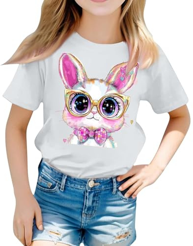 Mjjsk Camisetas de manga corta con cuello redondo para niñas, camiseta divertida con estampado de conejo, lindas camisetas gráficas, camisetas casuales de verano para vacaciones, blanco, 4-5 años