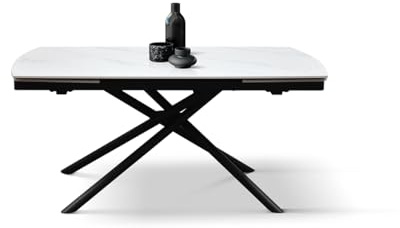 PAZZO DESIGN Tavolo Allungabile Fabiano, Piano Ceramica Bianco Statuario, Gambe in Metallo Tubolari Nere, Cucina, Salotto, Ceramica, 160 x 90 x h75 cm - id_2215