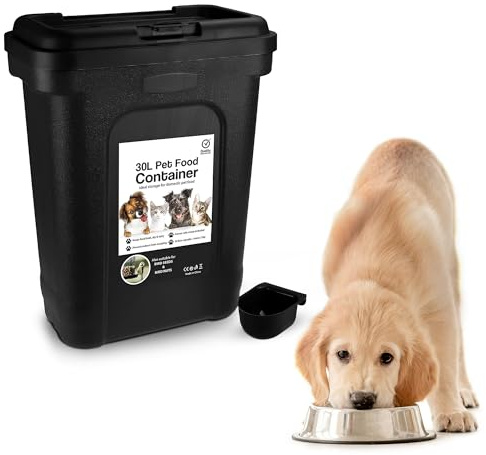 ASAB Pet Food Storage Container Large 30L/15kg Plastic Food Storage Container With Integrated Food Scoop and Flip Top Locking System Perfect for Dog Treats Dog Food and Kitten Food (Black - Large)