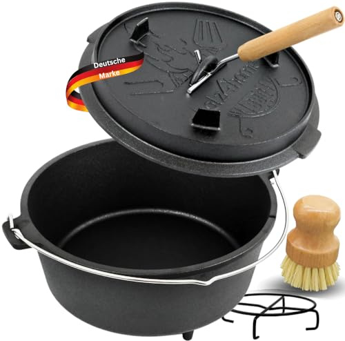 Dutch Oven 9 Liter EDOS [SET MIT ZUBEHÖR] - Füße, Deckelheber & Bürste | Gusseisen Topf mit Füßen Feuertopf Schmortopf