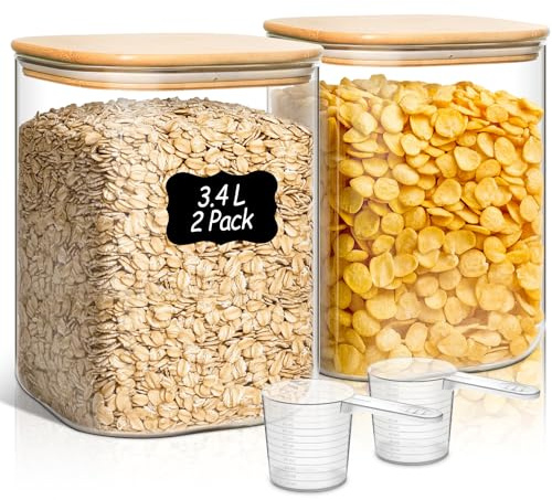 ComSaf förvaringsburkar i glas med bambulock, 3,4 L, 2-pack | fyrkantig och kompakt, spaghetti, röda linser, kakaonibs, smidig förvaring, för skafferi och kök