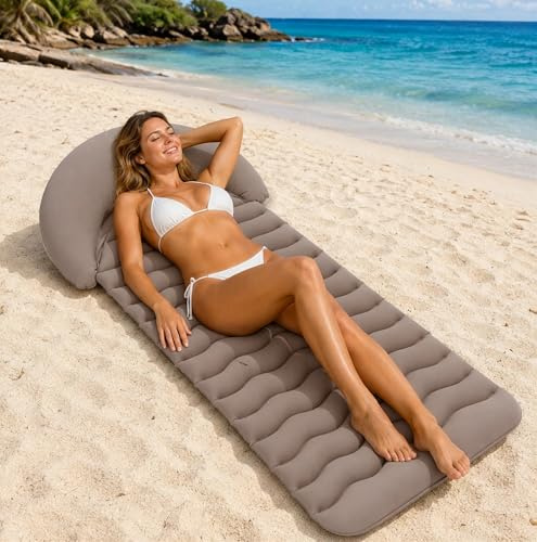 Uppblåsbar strandmatta med inbyggt nackstöd, 178 x 76 cm flockad PVC strandstol och poolflytt, bärbar uppblåsbar solmatta för strand, pool, camping, uteplats och utomhusavkoppling