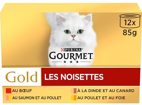 GOURMET | Gold | Les Noisettes | Chat Adulte | Effilés en Sauce | Bœuf, Poulet-Foie, Dinde-Canard, Saumon-Poulet | Portions Repas | Boite | Lot de 8 (12 x 85 g)