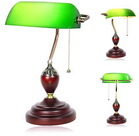 BEANKI Lampe de table Lampe de lecture en verre vert émeraude des années, socle en bois, lampe de banquier à 360 ° Interrupteur à tirette abat-jour bureau / chambre à coucher / bureau / E27