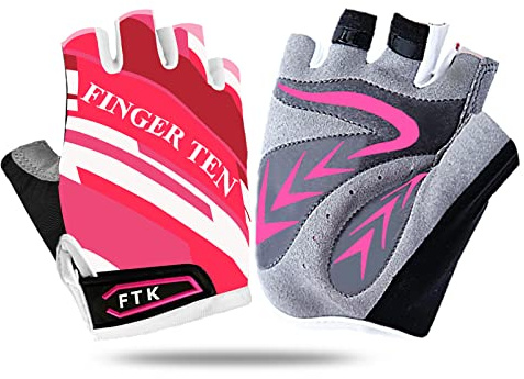 FINGER TEN Gants Velo Enfant Cyclisme Junior Running VTT Moto Demi-Doigt poignée Paire de Valeur, Gant Gel Résistant à l'abrasion Antideparant Mitaines Taille Petit Vert Rose Bleu (Rose, S)