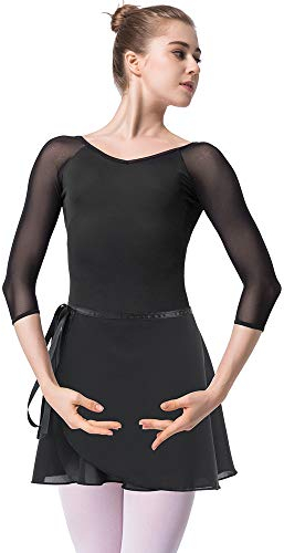 Bezioner Ballettanzug Mädchen 3/4 Arm Gymnastikanzug Damen Trikot Turnanzug (Schwarz mit Rock, S=145cm-150cm)