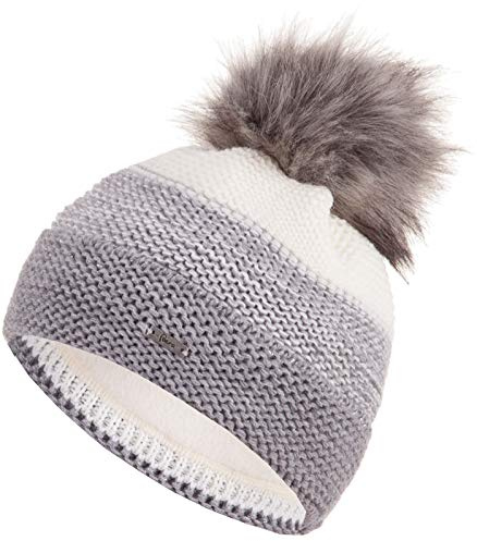 Faera Mütze Damen Wintermütze warm gefüttert mit Fleecefutter Kunstfell Bommelmütze Winter Herbst Bommel Strickmütze Beanie 60, Farbe:Grau