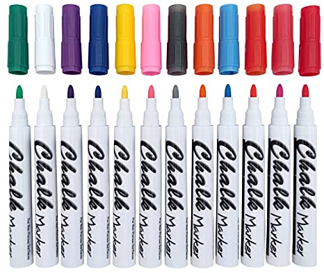 Volcanics Liquid Chalk Markers – Pack of 12 Bright Colours, Fine Tip Chalk Pens for Blackboard, Chalkboards, Windows, Glass, Erasable Wet Wipe Neon Ink, Ideal for Teachers Office & Home Use