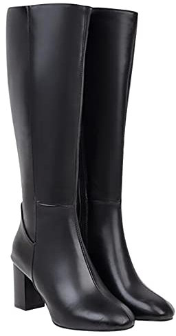 Hotberry Damen Stiefeletten Warme Lange Stiefel Hohe Boots Elegante Sexy Runde Zehe Plattformen High Heel Frauen Herbst Winter Reißverschluss PU Lederstiefel Schuhe, Schwarz, 37 EU