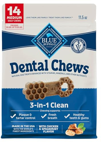 Blue Buffalo Medium Dental Chews for Dogs, Daily Dental Care Dog Treats Made in the USA with Natural Ingredients, Chicken & Spearmint (14 Count)
