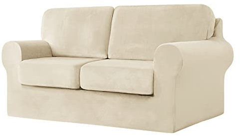 SYLC Sofa Cover with Separate Seat Cushions and Backrests Stretch Velvet Sofa Slipcover Couch Covers Furniture Protector Split Combined (Beige,Large 2 Seat Set 5 PCS)