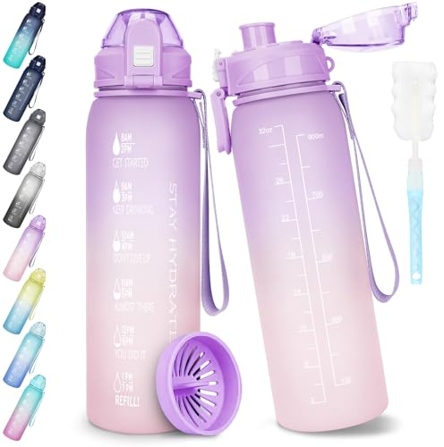 AOPREL Trinkflasche 1l, Wasserflasche BPA-Frei, Trinkflasche Sport Auslaufsicher, Sportflasche mit Zeitmarkierung für Fahrrad, Fitness, Büro, Schule, Yoga, Outdoor (1 Packung)