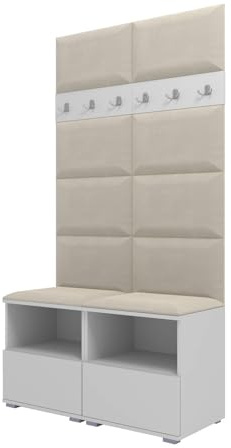 RAVIO Garderoben-Set NELA III mit Gepolstertes Paneel/Wandpaneel, Wand-Garderobe mit Zwei Schuhschränke, 100cm Flurgarderobe, Kompaktgarderobe (Weiß + Creme (Trinity 01))