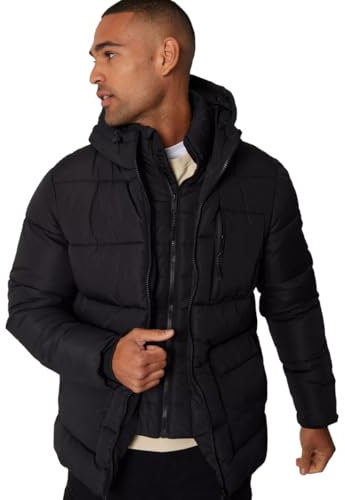 Spindle Mens Threadbare Charleston Hooded Quilted Padded Puffer Jacket Warm Winter Coat Double Layer Black XL