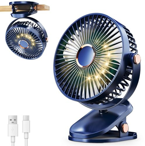 iNeibo Portable Clip on Fan with LED Lights, 4000mAh Battery Operated USB Desk Fan, 4 Speed,720° Rotation, Quiet Rechargeable Mini Table Fan for Home Office Stroller Camping (Blue)