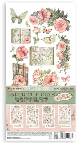 Stamperia - Paper Cut Outs for Scrapbooking, Albums, Card Making, Bullet Journalling and More, Acid Free, Double Sided, 4 Sheets, Perfect for Hobbies, Crafts, and Gifting (House of Roses)