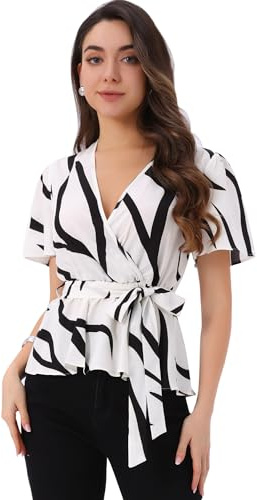 Allegra K Bluse Donna Maniche Corta Stampa Floreale Camicia con Peplum Top con Volant Estivo Causale Bianco Nero M