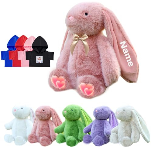DRAJOIN Animal en Peluche Lapin Personnalisé, Peluche Lapin Personnalisé avec Photo Texte comme Cadeau pour Garçon Fille, Premier Cadeau de Pâques pour Enfant, 25 cm