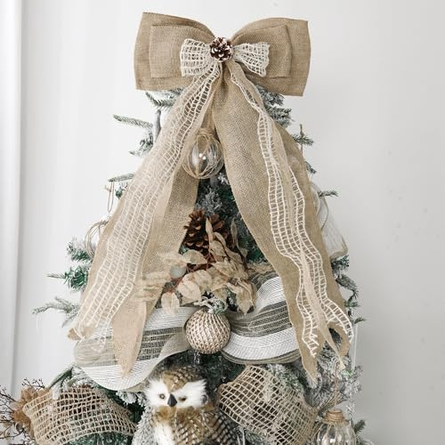 Drievana Burlap Christmas Tree Topper Bow with Pine Cone, 13 inch Natural Rustic Wreath Jute Bows for Xmas Tree Wreath Door Holiday Home Decor (1 Pack)