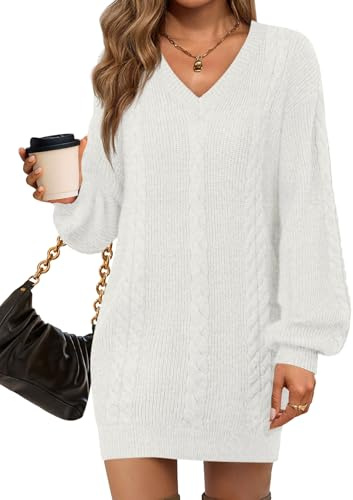 Saodimallsu Robe en tricot pour femme Pull en tricot à col en V Robe d'automne Oversize Pull en tricot Sexy Mini robe., Blanc., M