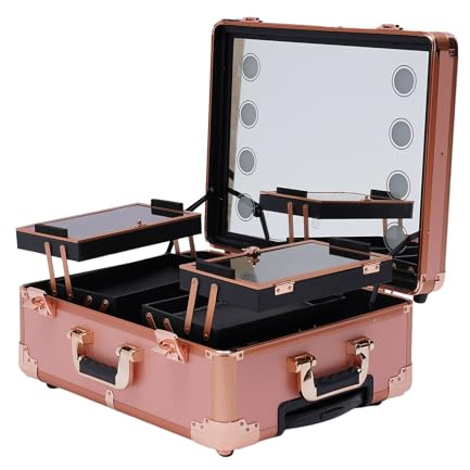 Trolley Kosmetisk väska med 4 hjul och belysning och spegel täckplatta och lätt att rengöra utdragbar hyllhöjd justerbar för makeup artist frisör kosmetolog i salongen bärbar roséguld