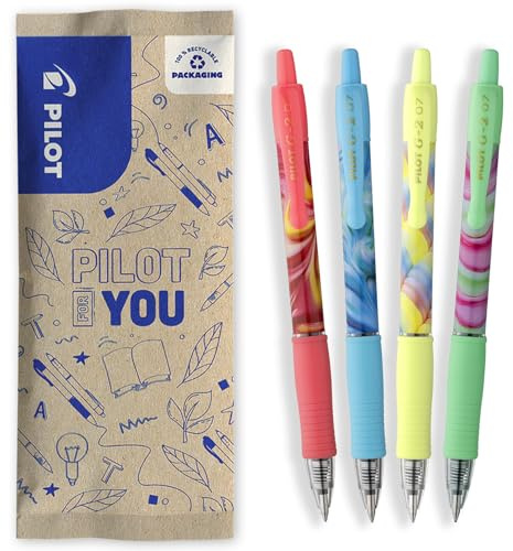 PILOT - 4er-Set G2 Flow - Limited Edition - Einziehbare Gel-Tintenroller - Nachfüllbar - Hervorragender Schreibkomfort - Gehäuse in Rosa, Blau, Gelb, Grün - Blaue und schwarze Tinte - Mittlere Spitze
