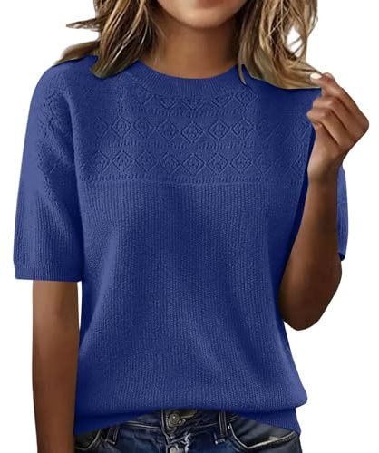 Générique Pull Manches 3/4 Femme 2026 Nouveaute éTé Pull Col Ronde Femme Elegant T Shirt Crochet Unis Casual Tricot Teeshirt Classic Ample Pulls Crochets Elastique Tissu Modern Portable Vetements