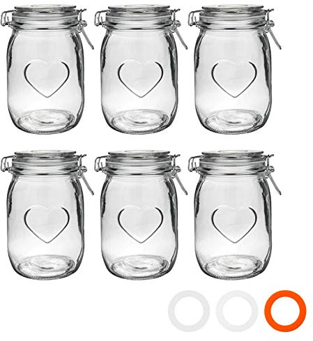 Nicola Spring Heart Shaped Glass Storage Jar with Airtight Clip Lid - 1000ml - 6 Pack - 4 Colour Seals - Kitchen Vintage Round Preserving Container for Pickling, Chutney, Jam, Coffee, Oats