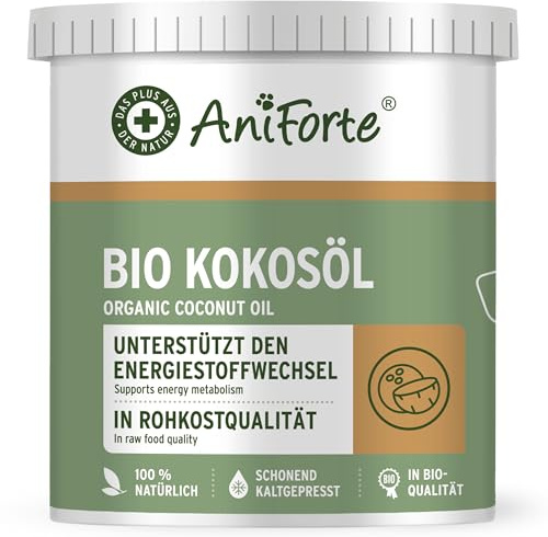 AniForte Aceite de Coco orgánico para Perros y Gatos 1 litro Grado alimenticio - Virgen, sin refinar, Alto Contenido de ácido láurico, Cuidado del Pelaje, Patas y Piel, orgánico, suplemento para Barf