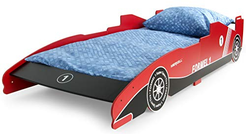 Leomark Kinderbett aus Holz - Red Fast Car - Einzelbett mit Matratze für Kinder, Rausfallschutz Lattenrost, Schlafbereich 200x90