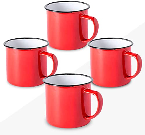 FUN FAN LINE - Set med 4 retro emaljmuggar av metall, i en Flerfärgad design | Stora vintage frukostmuggar på 380ml | Originella muggar för kaffe, te och varm choklad (Röd, 4)