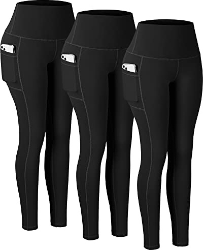 CHRLEISURE Leggings with Pockets for Women, High Waisted Tummy Control Workout Yoga Pants(3Packs 3Black, 2XL)