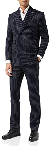 Navy 3 Pezzi Doppio Petto Chalk Stripe Completo da Uomoxposed Classicoa da Uomo Vintage vestibilità su Misura [SUIT-ALFRED-50061-45-42UK]