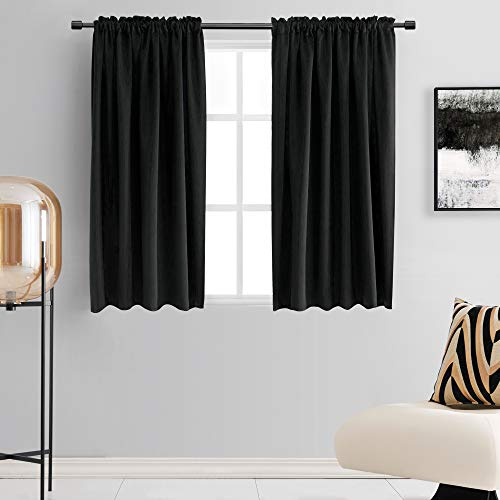 DONREN 48 Inch Length Short Curtains for Kitchen - Small Window Treatment Rod Pocket Blackout Curtain Drapes (1 Pair,Black,52 Inches Wide by 48 Inches Long)