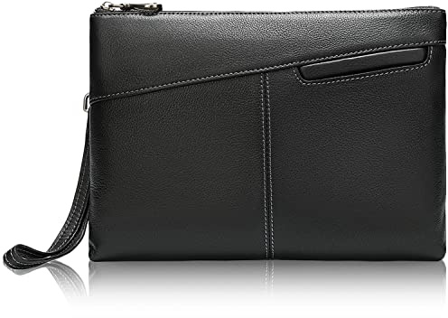 Karoukee Lussuoso Pochette da Uomo in Vera Pelle Fiore, Piccolo Borsa a mano da Lavoro Formale con Cinturino da Polso, Borsetta Portatile per telefoni cellulari e tablet fino a 9,7 pollici