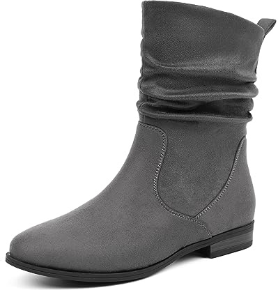 VJH confort Women's Mid Calf Boots, Almond Round Toe Low Heel Comfort Dress Slouchy Booties(Grey,9)
