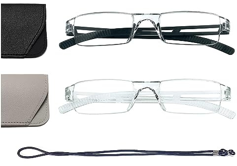 Hubeye 2 pares Gafas de Lectura Sin Montura Mujer Hombre Rectángulo Lector sin marco transparente anteojos anti luz azul con funda de cuero 1.75