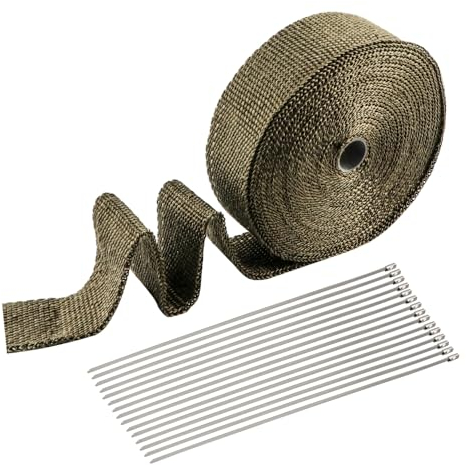 Hitzeschutzband für Auto Motorrad Auspuff, 15 m x 5 cm Basaltfaser Auspuffband Isolierband Thermoband Rollen, Fächerkrümmer Krümmerband mit 15Pcs 30cm Edelstahl Kabelbinder