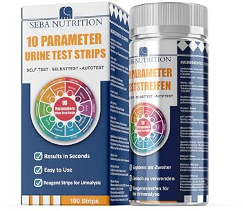 Seba Nutrition 10-Parameter Urine Test Strips – Bilirubin, Ketones, Blood, Protein, Nitrite, Leukocytes, Glucose, Specific Gravity and More – 100 Strips (5 x 20 Aluminium Sachets)
