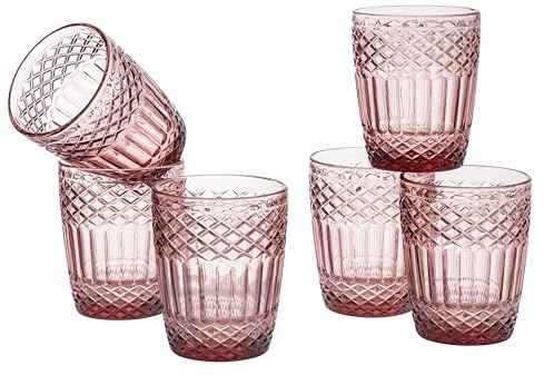 Baroni Home Set 6 pz di Bicchieri in Vetro Decorati con Rifiniture in Rilievo da 30 CL, Lavabili in Lavastoviglie, 8x8x10 cm, Cipria