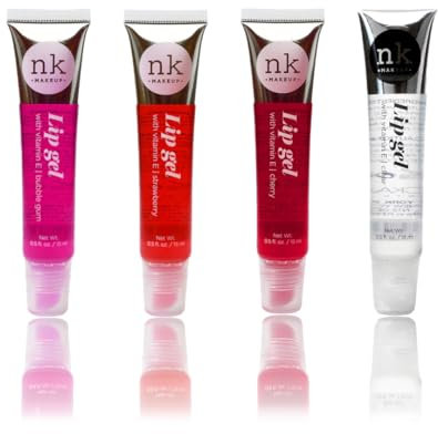 NK lip gloss gel 15ml Vitamin E, Shiny, Nourishes, Strawberry, Cherry, Bubble Gum and Clear flavoured by Nicka K (Multi Pack Of 4)
