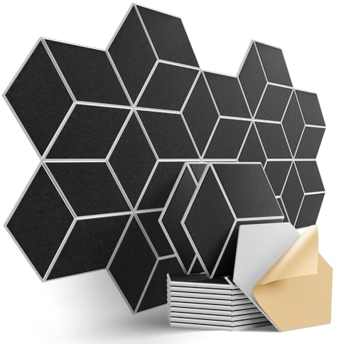 Dailycooper 12-Pack Self-Adhesive Acoustic Panels 12 x 10 x 0.4 High-Density, Flame-Resistant Soundproof Foam. Absorbs Noise and Eliminates Echoes, Hexagonal 3D Design(BlackFace)