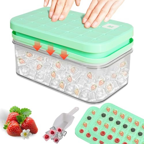 Ice Cube Tray with Lid, Large Silicone Ice Cube Moulds, Release All Ice Cubes in One Second, BPA-Free, Food-Grade,2-Tier,56 Ice Cube Tray (Green)