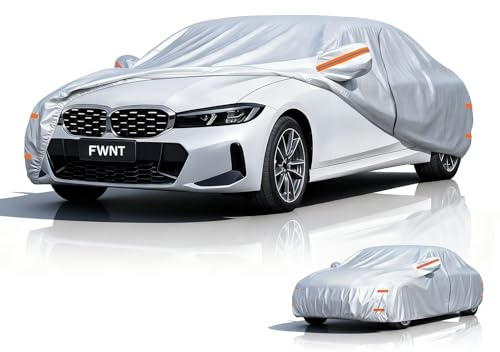 FWNT Housse de Protection Voiture 4 Saisons - Bâche Extérieur Étanche, Respirante et Protection Solaire avec Zip et Doublure en Coton pour Grande Berline et Limousine (490-530 cm) - Argenté