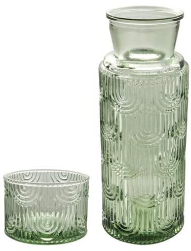 Bedside Water Carafe and Glass Set, Mouthwash Water Dispenser for Bathroom, 21.6 OZ Glass Pitcher Bottles with 6 OZ Lid for Kitchen Bedroom and Dining (Green)
