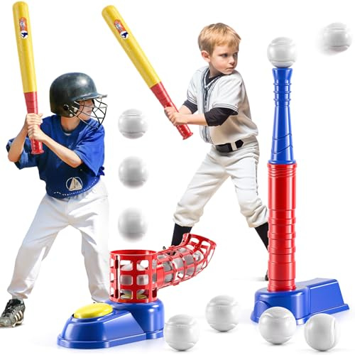 TEMI 2 in 1 Tee Ball Set for Kids 3-8, Kids Baseball T-Ball Set with 10 Balls, Step on Pitching Machine, Batting Tee, Outdoor Sport Toy Games for 3-12 Year Old Boys Girls Toddlers