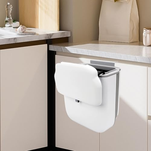 Cubo Basura Plegable Armario, 10L Cubo de Basura Colgante Blanco con Tapa, Pequeño Cubos de Basura Cocina con 2 Formas de Colgar, Contenedor de Compostaje para Cocina, Baño, Oficina, Camping, RV