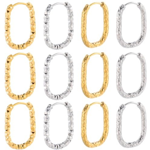 SUNNYCLUE 1 boîte de 8 paires de Boucles D'Oreilles Créoles Ovales en Acier Inoxydable 4 styles Couleur Or Argent Brillant Rectangulaires Tendance pour Boucles D'Oreilles Fabrication de Bijoux Bricola