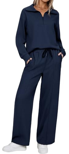 Aottori Jogginganzug Damen Trainingsanzüge Jogginghose mit Kordelzug und Halbem Reißverschluss Langarm Sporttop Zweiteiler Outfit Jogger Tracksuit Set für Gym Marine L
