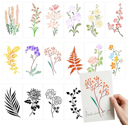 MUWINC Pochoirs à Fleurs pour Peinture, 16 Pièces Pochoir Peinture Réutilisables pour La Peinture, DIY Scrapbooking, Décoration Murale (178x98mm)